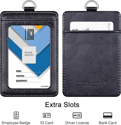 Badge Holder, Wisdompro School Supply 2-Sided PU Leather College ID Badge Card Holder Wallet Case with 1 Clear ID Window and 1 Credit Card Slot and 22 Inch Detachable Neck Lanyard - Black (Vertical)