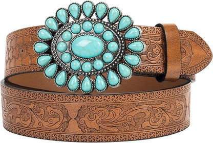 INOGIH Adjustable-Vintage-Western-Cowboy-Belt Women Men - Cowboy-Style Engraved-Buckle Belt for Jeans Pants Dresses