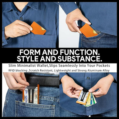 Slim Wallet for Men,RFID Blocking Minimalist Metal Wallet, Money Clip/Cash Holder, Front Pocket Aluminum Credit Card Holder, Ideal Gift for Men-Matte Orange