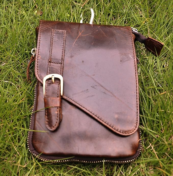 Le'aokuu Mens Genuine Leather Small Messenger Shoulder Satchel Phone Pouch Belt Waist Bag Pack
