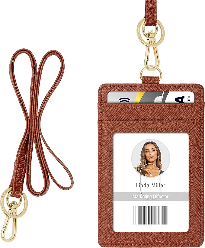 ID Badge Holder with Lanyard, Vertical PU Leather ID Badge Card Holder with 1 Clear ID Window, 4 Credit Card Slots and a Detachable Neck Lanyard (Brown)