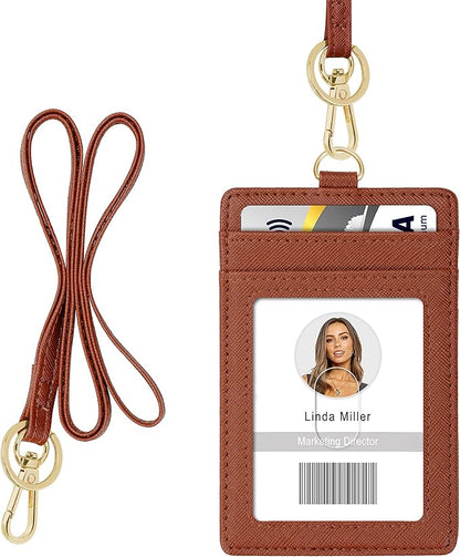 ID Badge Holder with Lanyard, Vertical PU Leather ID Badge Card Holder with 1 Clear ID Window, 4 Credit Card Slots and a Detachable Neck Lanyard (Brown)