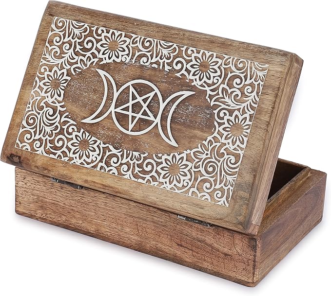 Ajuny Wooden Decorative Jewelry Box with moon and Star Carving Multipurpose Treasure Chest Storage Keepsake Box Necklaces Watch Organizer Boxes Birthday Gifts for Women & Men 8x5 Inch