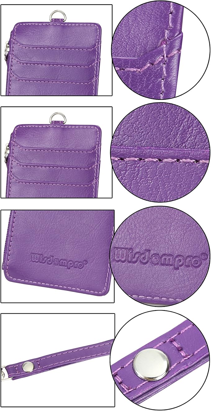 Badge Holder with Zip, Wisdompro School Supply 2-Sided Vertical PU Leather College ID Badge Holder with 1 ID Window, 4 Card Slots, 1 Side Zipper Pocket and 20 Inch Leather Neck Lanyard Strap - Purple