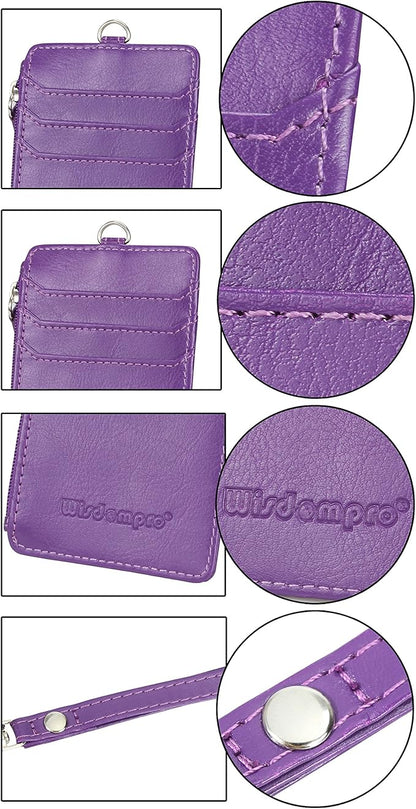 Badge Holder with Zip, Wisdompro School Supply 2-Sided Vertical PU Leather College ID Badge Holder with 1 ID Window, 4 Card Slots, 1 Side Zipper Pocket and 20 Inch Leather Neck Lanyard Strap - Purple