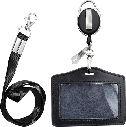 ID Card Case + Lanyard + Badge Holder Retractable Reel Carabiner and Plastic Clip (Genuine Leather Horizontal Black)