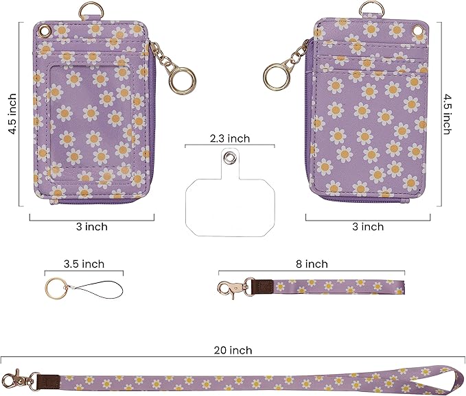 MONDO DESIGNS 2-in-1 ID Badge Holder & Lanyard Wallet - Multi-Use Womens Small Wallet with Removable Wristlet & Neck Lanyard, Clear Window, 5 Card Slots, Phone Holder, Ring Keychain - Purple Daisies
