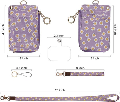 MONDO DESIGNS 2-in-1 ID Badge Holder & Lanyard Wallet - Multi-Use Womens Small Wallet with Removable Wristlet & Neck Lanyard, Clear Window, 5 Card Slots, Phone Holder, Ring Keychain - Purple Daisies