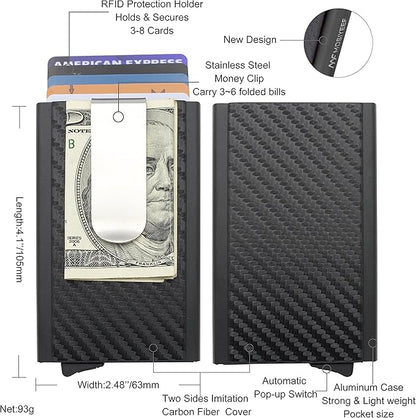 MOSIYEEF Slim Leather Card Holder RFID Wallet for Men - Minimalist Pop Up Men Wallet with Money Clip-wrapped Compact Carbon Fiber Wallet for 6 Credit Cards - Gifts for Him