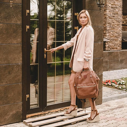 Kah&Kee Leather Laptop Backpack for Women, 15.6-16 Inch Professional Work Bag, Water-Resistant Vegan Leather Doctor Bag Backpack for Teacher, Nurse & Travel, Fits MacBook Pro 16 (Brown,Large)