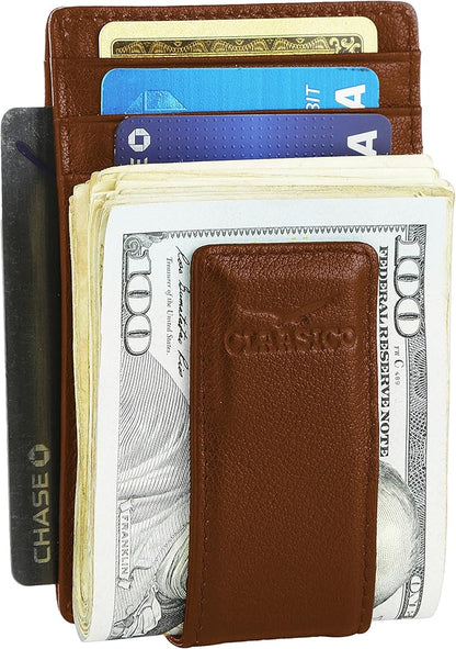 Claasico Men’s Leather Money Clip Wallet – Slim Front Pocket Wallet w/Super Strong Magnetic Clip, RFID Blocking, 5 Card Slots & Center Pocket + ID Window