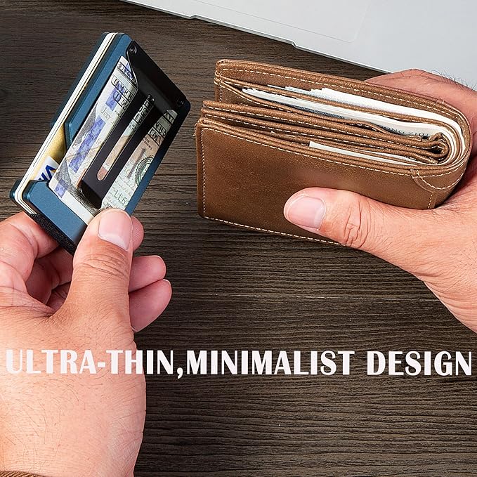 Minimalist Slim Wallet for Men,RFID Blocking Metal Wallet,Aluminum Credit Card Holder & Money Clip 12-15 Cards,Slim Rfid Front Pocket Mens Wallet, Matte Dark Blue
