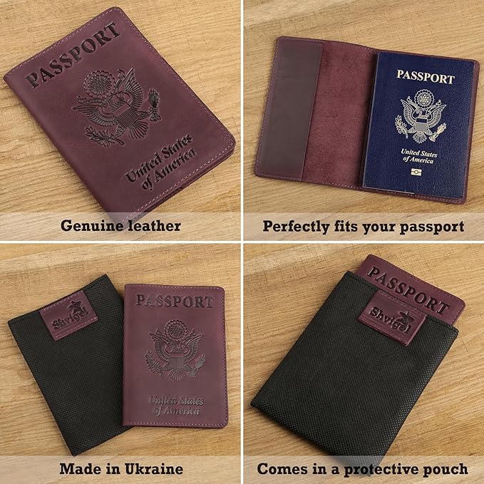 Shvigel US Leather Passport Book Cover - Thin American Travel Passport Holder - Premium International USA Passport Protector Case for Women Men (Maroon Vintage)