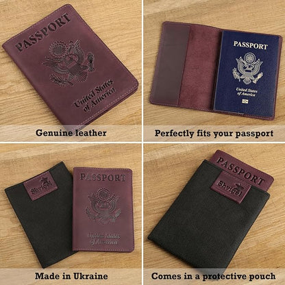 Shvigel US Leather Passport Book Cover - Thin American Travel Passport Holder - Premium International USA Passport Protector Case for Women Men (Maroon Vintage)
