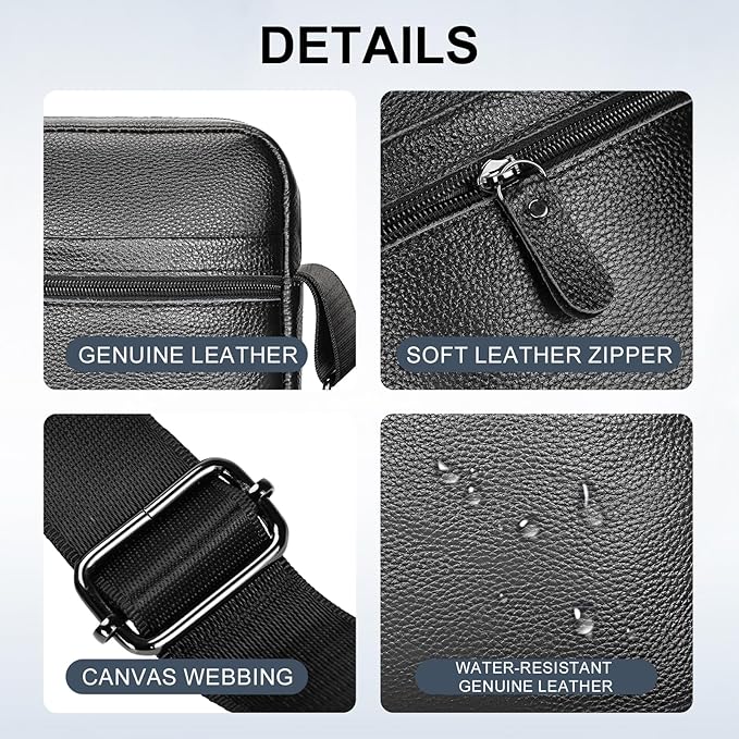 Leathario Men's Crossbody Shoulder Bag, Genuine Leather Small Messenger Satchel for Work Business Travel, Black Side Purse