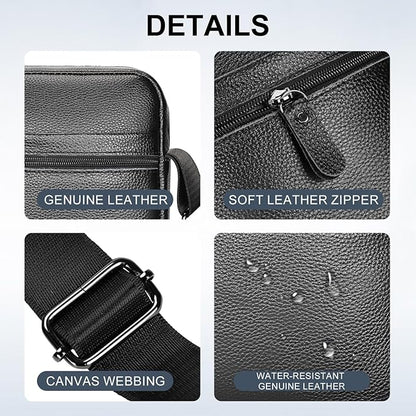 Leathario Men's Crossbody Shoulder Bag, Genuine Leather Small Messenger Satchel for Work Business Travel, Black Side Purse