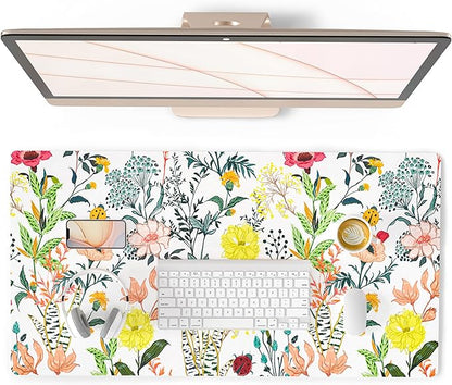 QiyI Floral Large Mouse Pad, Colorful Desk Mat for Desktop, Women Girls Desk Accessories Office Décor, PU Leather Waterproof Big Gaming Mousepad, Blooming Flowers Desk Pad Computer Mat, 31.5" x 15.7"