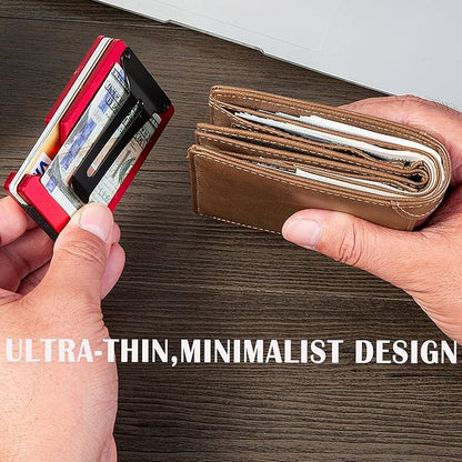 Minimalist Slim Wallet for Men,RFID Blocking Metal Wallet,Aluminum Credit Card Holder & Money Clip 12-15 Cards,Slim Rfid Front Pocket Mens Wallet,Matt Red