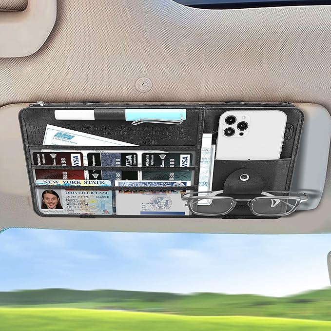 Leather Car Sun Visor Organizer for Cars, Trucks & SUVs: Features Sunglasses Holder, Secure Zipper Pockets, and 6 Clear Windows for Registration, Driver's License, and Insurance Card（black）