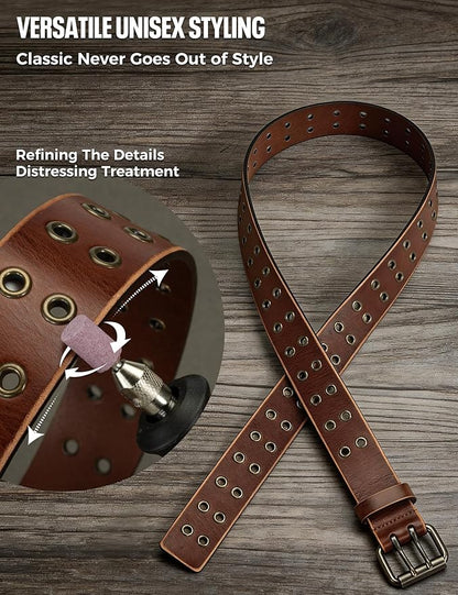 1.5" Double Hole Full Grain Leather Belt - Vintage Distressed Casual Belt for Men Women with Double Prong Buckle