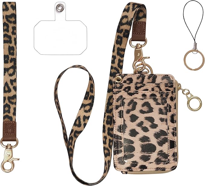 MONDO DESIGNS 2-in-1 ID Badge Holder & Lanyard Wallet - Multi-Use Womens Small Wallet with Removable Wristlet & Neck Lanyard, Clear Window, 5 Card Slots, Phone Holder, Ring Keychain - Leopard
