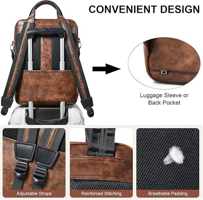 Shrrie Laptop Backpack for Women and Men, 15.6 Inch Vegan Leather Computer Backpack Professional Water-Resistant Casual Daypack for Work Business College Travel Office,Two-toned Brown