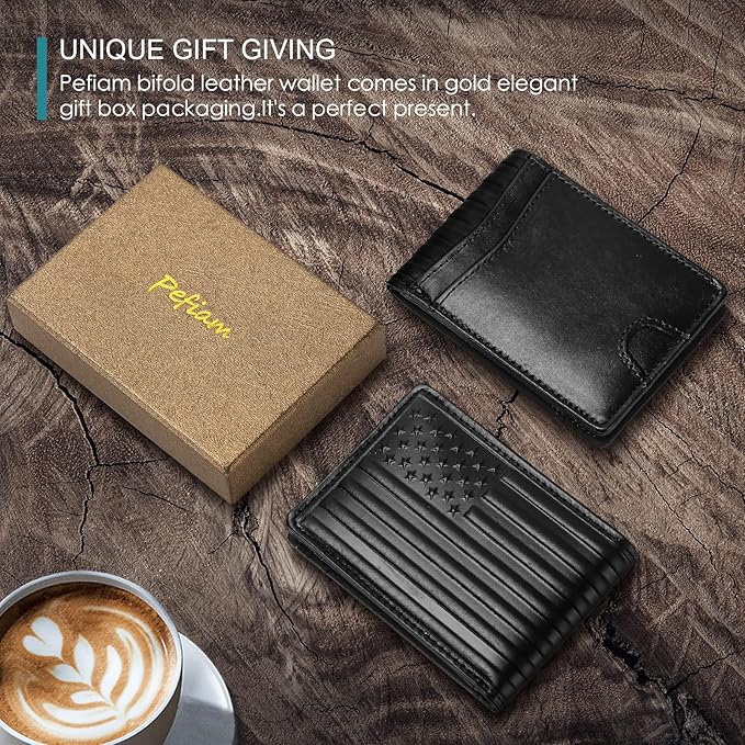 Pefiam Full Grain Leather Wallets for Men, Bifold Wallets for Men, Mens Leather Wallets with 12 Slots, RFID Blocking, Gifts for Men (USA Flag, Black)