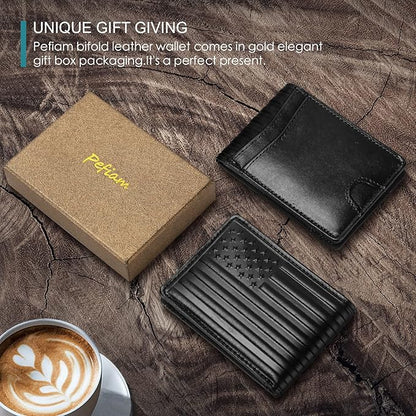 Pefiam Full Grain Leather Wallets for Men, Bifold Wallets for Men, Mens Leather Wallets with 12 Slots, RFID Blocking, Gifts for Men (USA Flag, Black)