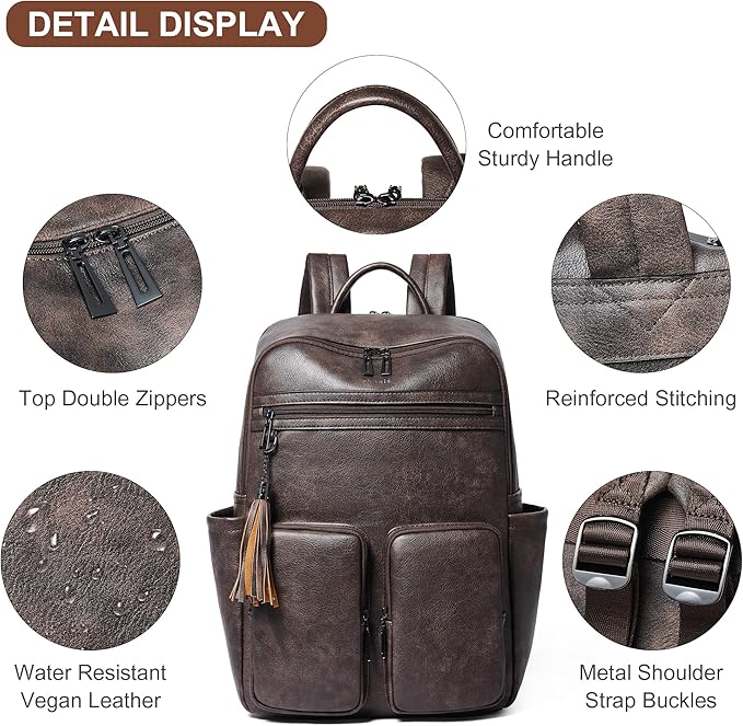 Shrrie Laptop Backpack for Women 16 Inch,Vegan Leather Travel Backpack Purse Work Business Computer Backpacks Teacher Nurse College Laptop Bookbag Casual Daypack,Two-toned Coffee