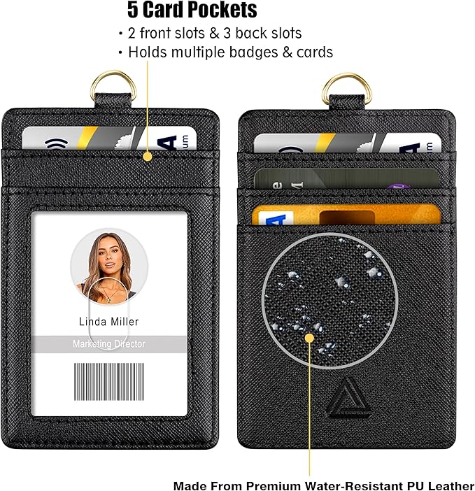Azrra Lanyards for id ID Badges, Lanyard with 1 ID Holder and 4 Credit Card Slots, Vertical PU Leather Badge Holder with a Detachable Neck Strap, Black