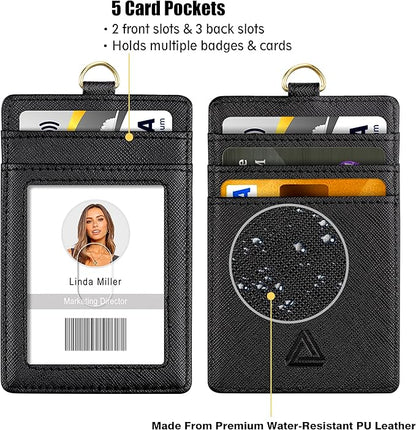 Azrra Lanyards for id ID Badges, Lanyard with 1 ID Holder and 4 Credit Card Slots, Vertical PU Leather Badge Holder with a Detachable Neck Strap, Black