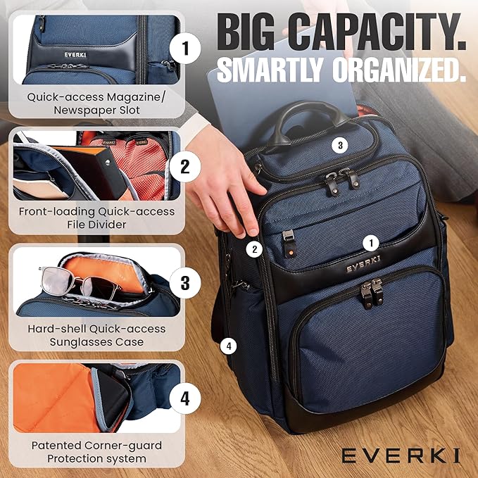 EVERKI Onyx 36L Business Laptop Backpack – Professional Travel Backpack for Men & Women, Laptop Bag with Premium Leather Ballistic & Nylon, Office & Flight Approved, Fits Laptops up to 17.3” - Navy