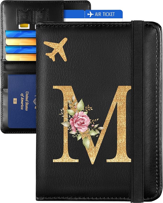 Slohif Initial Passport Holder Cover Wallet Case for Travel Women - Leather Letter Passport Book Family Multiple Personalized Organizer Card Slots Protector Sleeve Essentials Slim Carrier Black M