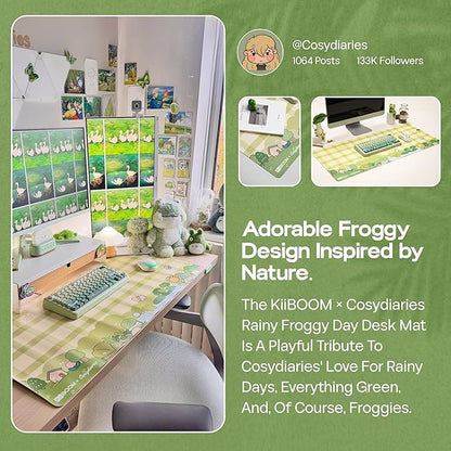 KiiBOOM X Cosydiaries Rainy Froggy Day Desk Mat, Non-Slip, 35.4’’ x 15.7’’, Large Gaming & Office Mouse Pad for Keyboard/Mouse/Laptop, PU Leather, Durable & Waterproof