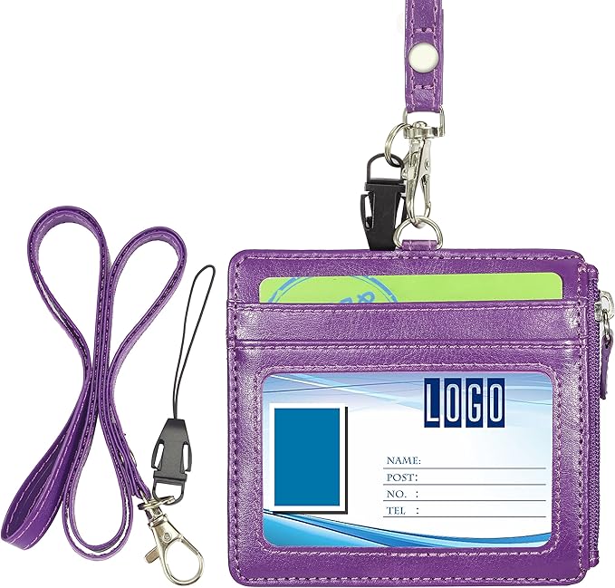 Badge Holder with Zip, Wisdompro 2-Sided PU Leather ID Badge Holder with 1 ID Window, 4 Card Slots, 1 Side Zipper Pocket and 1 piece 20 Inch PU Neck Lanyard Strap - Purple (Horizontal)