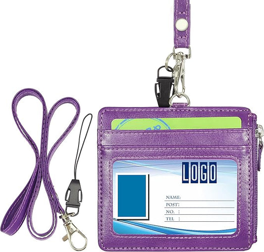 Badge Holder with Zip, Wisdompro 2-Sided PU Leather ID Badge Holder with 1 ID Window, 4 Card Slots, 1 Side Zipper Pocket and 1 piece 20 Inch PU Neck Lanyard Strap - Purple (Horizontal)