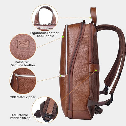 LEATHER VILLAGE Leather Laptop Backpack for Men | Cognac Brown | Slim Professional Business Bag Fits 15.6”-Laptop | Water-Repellent Work & Travel Daypack with Trolley Strap