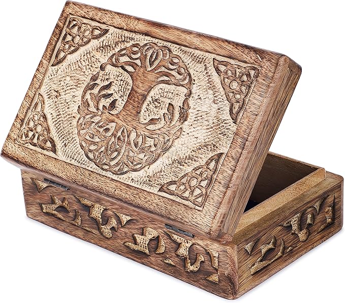 Ajuny Wooden Jewelry Box - Hand Carved Mango Wood Tree of Life Celtic Carving Decorative Multipurpose Keepsake Box, Treasure Chest Memory Box Organizer Travel Trinket Holder Case Gifts - 8x5 Inch