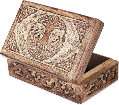 Ajuny Wooden Jewelry Box - Hand Carved Mango Wood Tree of Life Celtic Carving Decorative Multipurpose Keepsake Box, Treasure Chest Memory Box Organizer Travel Trinket Holder Case Gifts - 8x5 Inch
