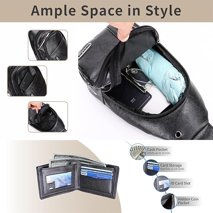 Sling Bag Set, PU Leather Sling Bag, Multi-Zipper Design for Travel, Outdoors, Valentine’s Day Gifts