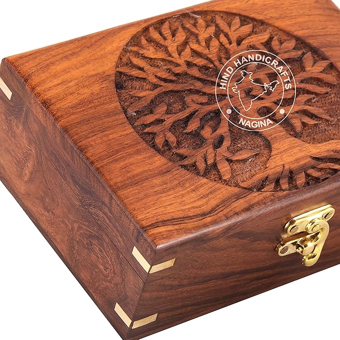Rosewood Handmade Wooden Urn Tree of Life Engraving Handcarved Jewellery Box for Women-Men Jewel | Home Decor Accents | Decorative Boxes | Storage & Organiser (7" x 5.5" x 3.5", Tree - 2 Plane)