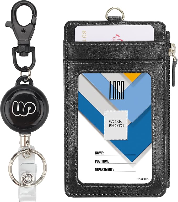 Wisdompro Badge Holder with Retractable Reel, Double Sided PU Leather ID Badge Card Holder Wallet with Zipper Pocket, 5 Card Slots for Office School ID, Driver's License - Black