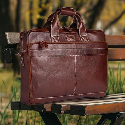 LEATHER VILLAGE 16" Leather Laptop Messenger Briefcase Bag for Men-Leather Satchel for Travel and Office Shoulder Bag-Red Brown