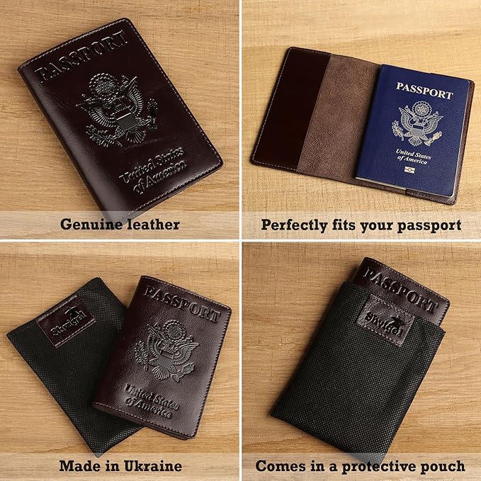 Shvigel US Leather Passport Book Cover - Thin American Travel Passport Holder - Premium International USA Passport Protector Case for Women Men (Glossy Brown)