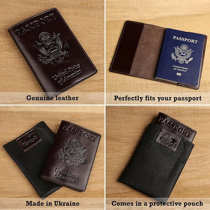 Shvigel US Leather Passport Book Cover - Thin American Travel Passport Holder - Premium International USA Passport Protector Case for Women Men (Glossy Brown)