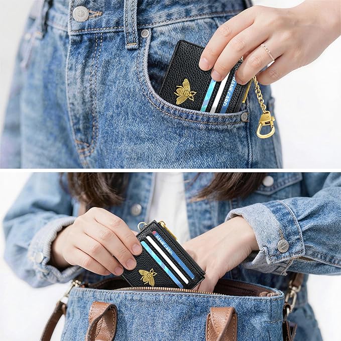 SEAVILIA Card Holder Keychain Wallet for Women with ID Window RFID Blocking Coin Purse Bee Gifts Slim Minimalist Small PU Leather