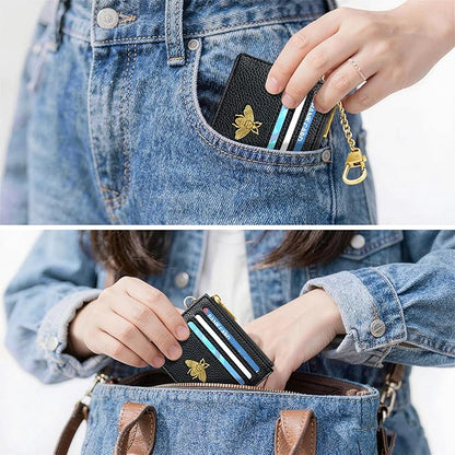SEAVILIA Card Holder Keychain Wallet for Women with ID Window RFID Blocking Coin Purse Bee Gifts Slim Minimalist Small PU Leather