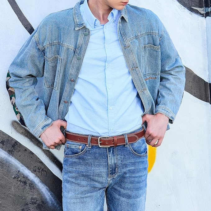 VATAN Men's Full Grain Leather Casual Every Day Jeans Belts, Handmade Men Leather Belt with Gift Box