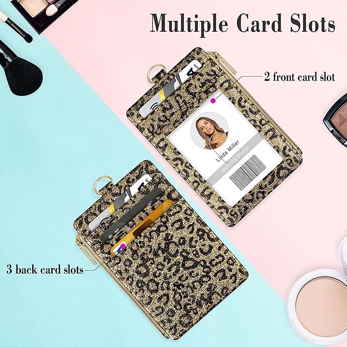 ID Badge Holder with Lanyard, Vertical Bling Shiny ID Badge Card Holder with 1 Clear ID Window, 4 Credit Card Slots, 1 Cash Coin Slot and a Detachable Neck Lanyard (Bling Leopard)