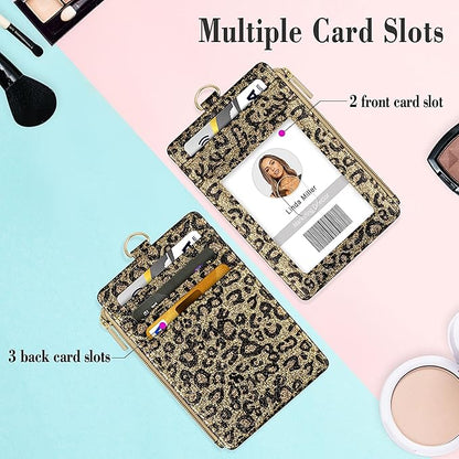 ID Badge Holder with Lanyard, Vertical Bling Shiny ID Badge Card Holder with 1 Clear ID Window, 4 Credit Card Slots, 1 Cash Coin Slot and a Detachable Neck Lanyard (Bling Leopard)